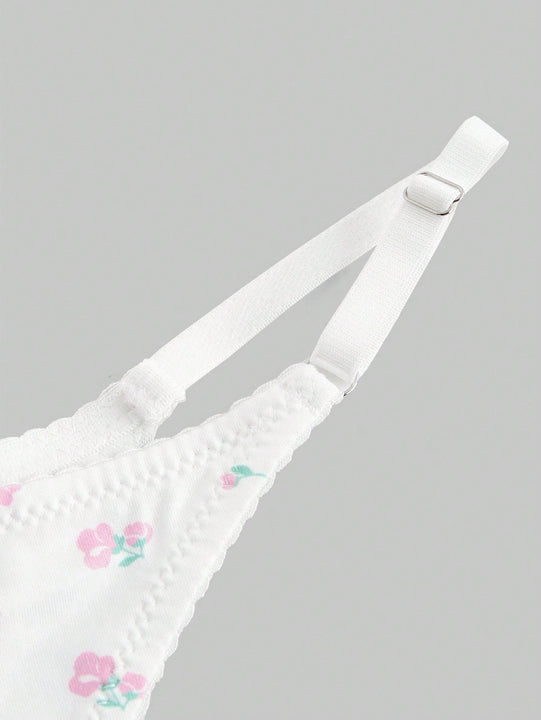 ROMWE Kawaii Conjunto de ropa interior impresa con flores romanticas y lazo con aro de acero para ninas con una perspectiva fresca