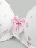 ROMWE Kawaii Conjunto de ropa interior impresa con flores romanticas y lazo con aro de acero para ninas con una perspectiva fresca