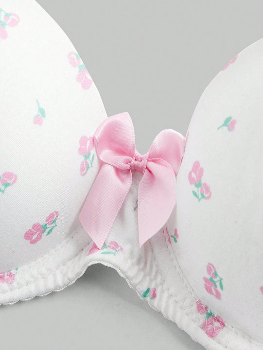 ROMWE Kawaii Conjunto de ropa interior impresa con flores romanticas y lazo con aro de acero para ninas con una perspectiva fresca