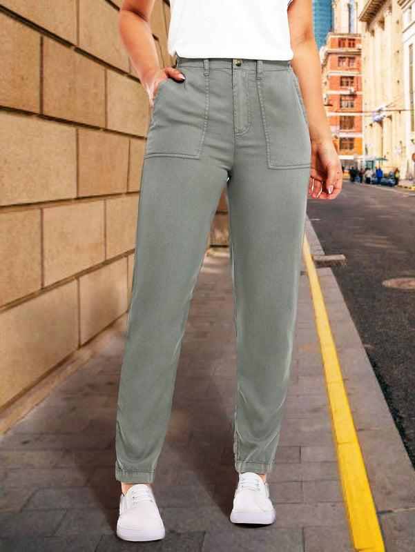 LUNE Pantalones casuales de pierna recta para mujer con bolsillos con parche