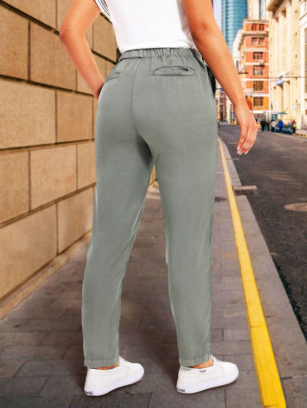 LUNE Pantalones casuales de pierna recta para mujer con bolsillos con parche