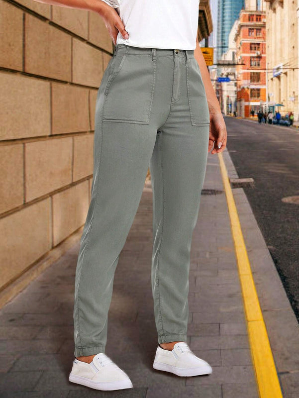 LUNE Pantalones casuales de pierna recta para mujer con bolsillos con parche