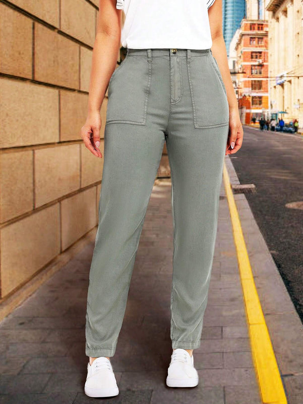 LUNE Pantalones casuales de pierna recta para mujer con bolsillos con parche