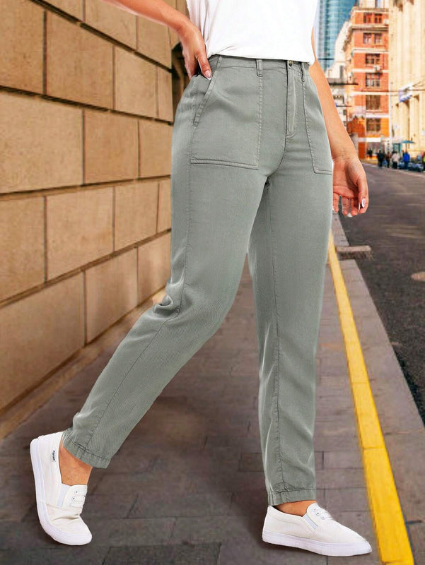 LUNE Pantalones casuales de pierna recta para mujer con bolsillos con parche