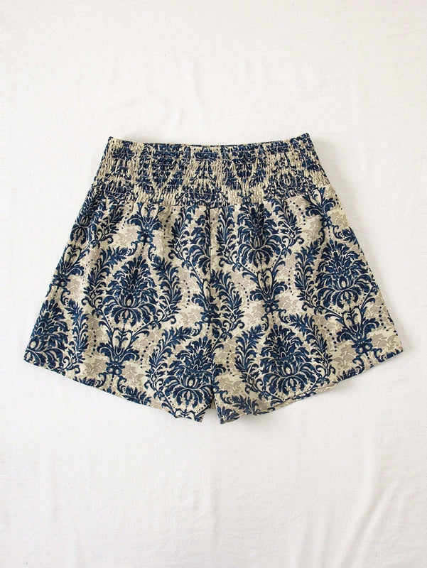 VCAY Shorts anchos y holgados de cintura alta con patron de hoja tropical para mujeres en vacaciones