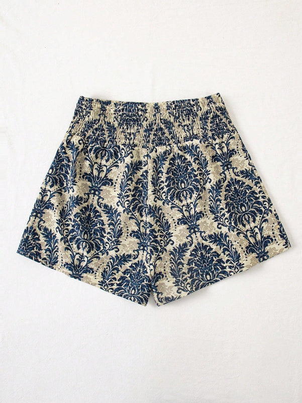 VCAY Shorts anchos y holgados de cintura alta con patron de hoja tropical para mujeres en vacaciones