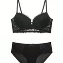 NEW Conjunto de lenceria sexy de encaje de unicolor para mujer, sosten con copa delgada y aro suave junto con braguitas