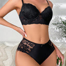 NEW Conjunto de lenceria sexy de encaje de unicolor para mujer, sosten con copa delgada y aro suave junto con braguitas