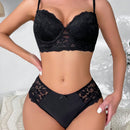 NEW Conjunto de lenceria sexy de encaje de unicolor para mujer, sosten con copa delgada y aro suave junto con braguitas