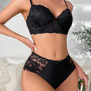NEW Conjunto de lenceria sexy de encaje de unicolor para mujer, sosten con copa delgada y aro suave junto con braguitas