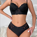 NEW Conjunto de lenceria sexy de encaje de unicolor para mujer, sosten con copa delgada y aro suave junto con braguitas