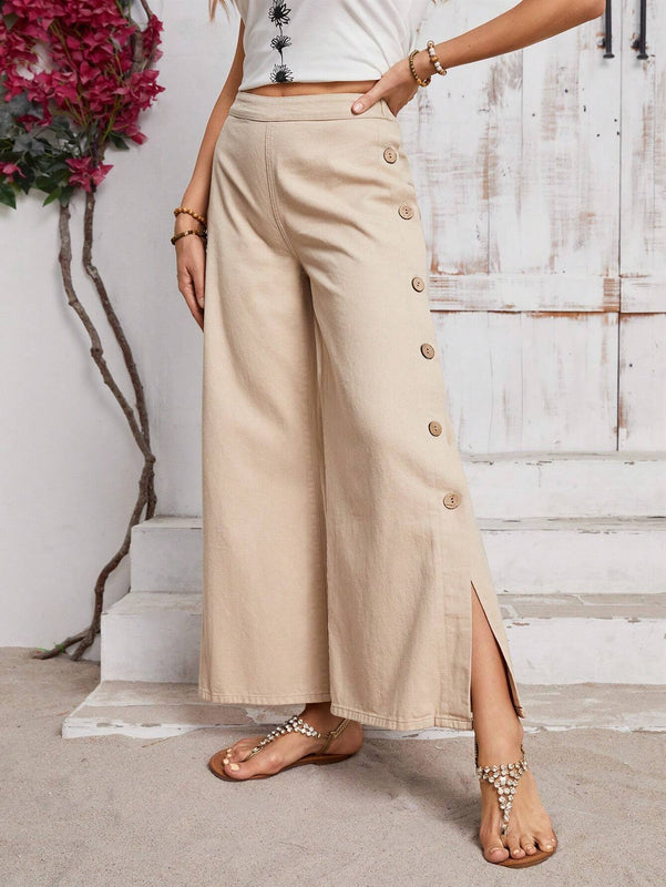 LUNE Jeans casuales para uso diario de mujer de boton y de color puro con abertura en el dobladillo