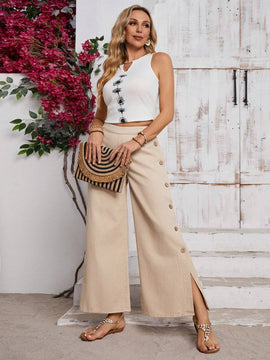 LUNE Jeans casuales para uso diario de mujer de boton y de color puro con abertura en el dobladillo