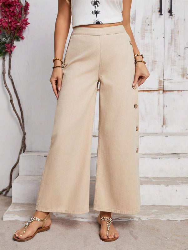 LUNE Jeans casuales para uso diario de mujer de boton y de color puro con abertura en el dobladillo