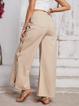 LUNE Jeans casuales para uso diario de mujer de boton y de color puro con abertura en el dobladillo