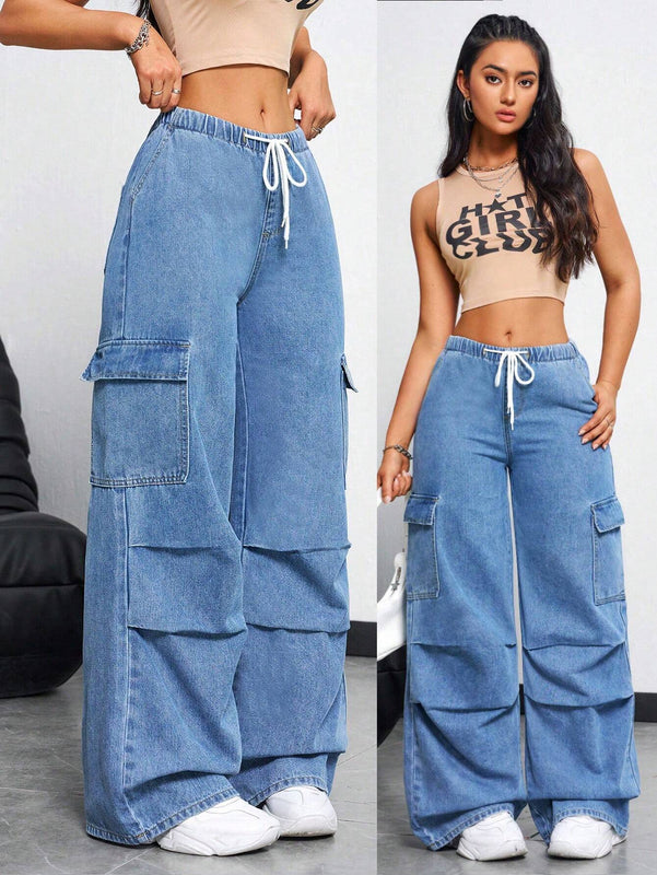 EZwear Pantalones cargo de tiro ajustable para mujer con corte holgado, bolsillos y detalles plisados, pantalones Jeans de pierna ancha para uso casual