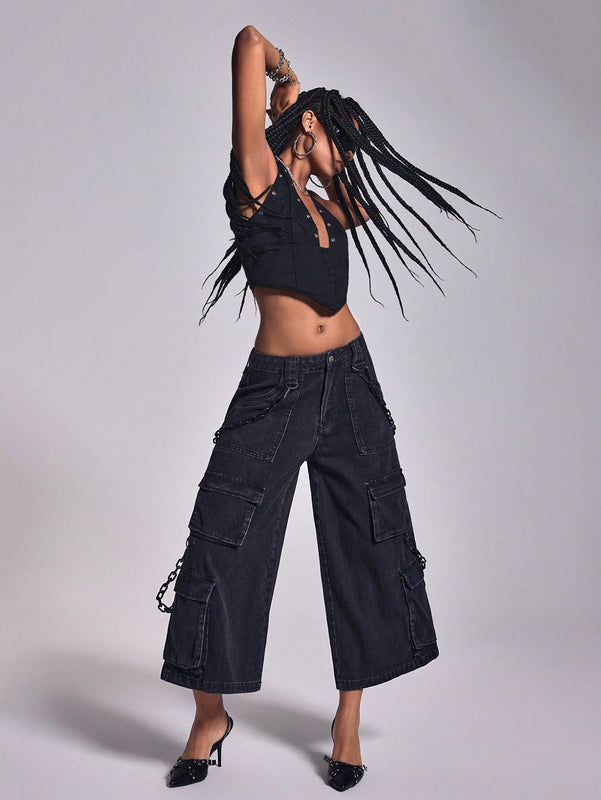 ICON Jeans de mujer de pierna ancha y unicolor con bolsillos para uso casual