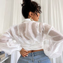 Camisas de mujer transparentes americanas de verano con ropa blanca, confeccionadas en organza satinada