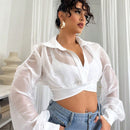 Camisas de mujer transparentes americanas de verano con ropa blanca, confeccionadas en organza satinada