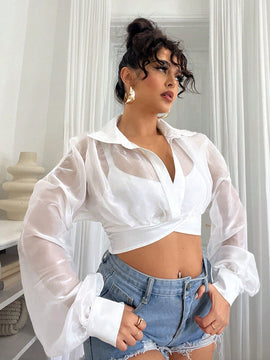 Camisas de mujer transparentes americanas de verano con ropa blanca, confeccionadas en organza satinada