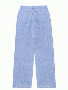 Jeans De Pierna Recta Holgados Casuales Para Mujer Con Bolsillos Oblicuos
