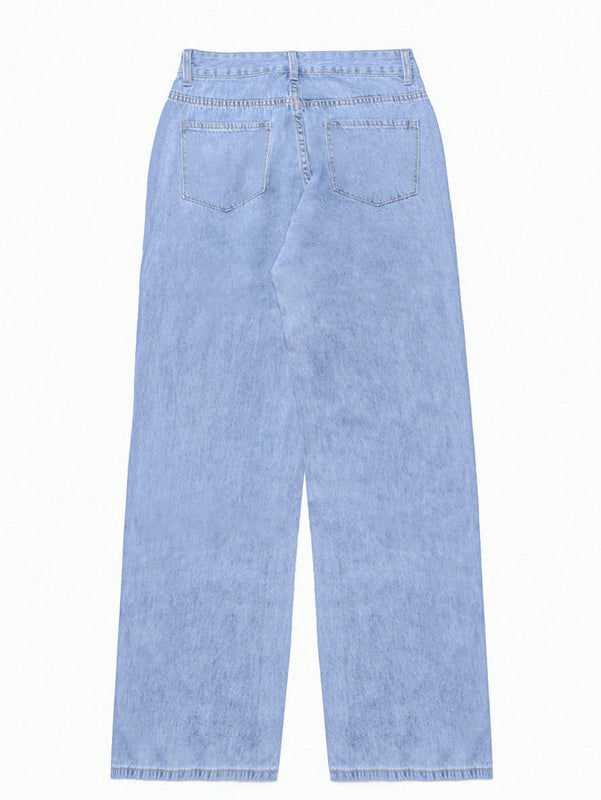 Jeans De Pierna Recta Holgados Casuales Para Mujer Con Bolsillos Oblicuos