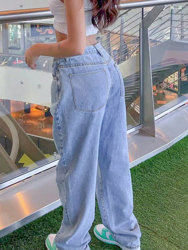 Jeans De Pierna Recta Holgados Casuales Para Mujer Con Bolsillos Oblicuos