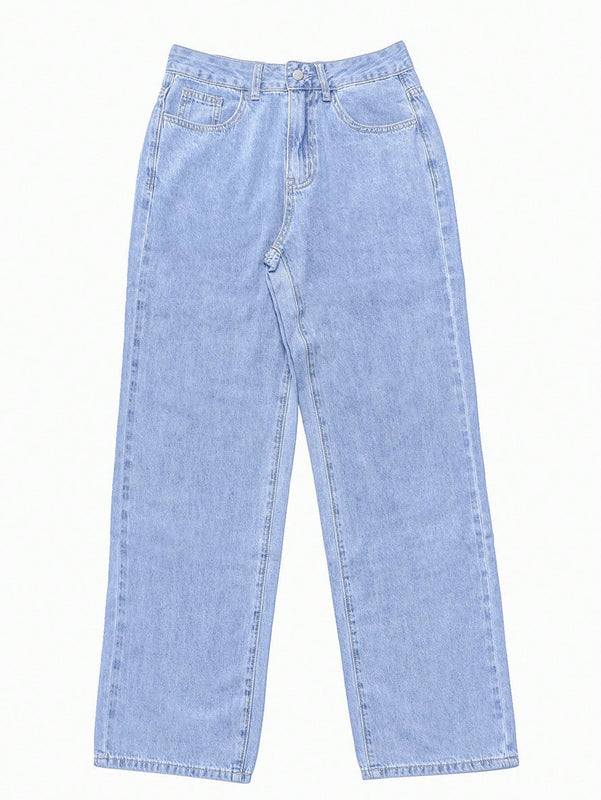 Jeans De Pierna Recta Holgados Casuales Para Mujer Con Bolsillos Oblicuos