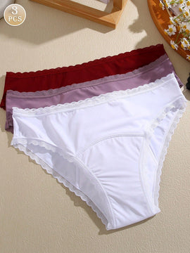 FINETOO 3 piezas Ropa interior fisiologica femenina en triangulo de cintura baja y engrosado con borde de encaje