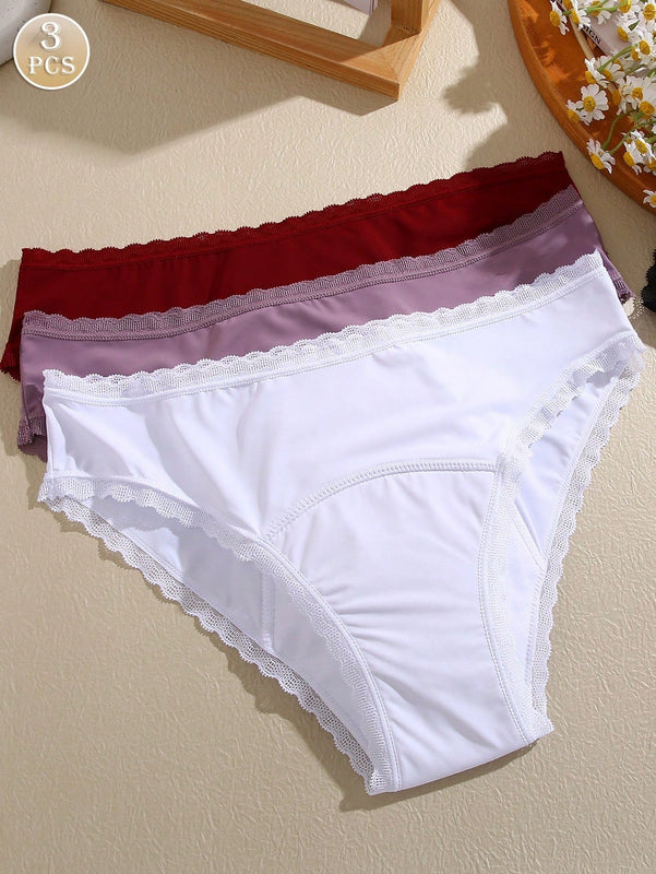 FINETOO 3 piezas Ropa interior fisiologica femenina en triangulo de cintura baja y engrosado con borde de encaje