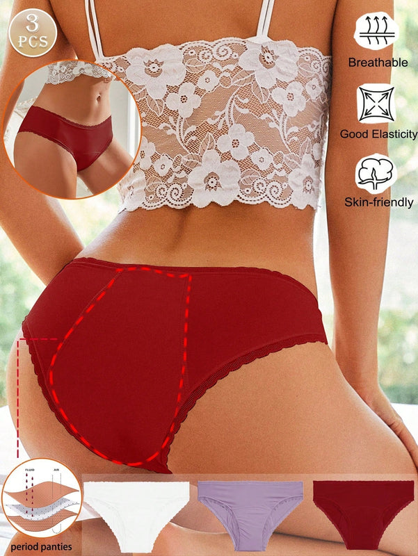 FINETOO 3 piezas Ropa interior fisiologica femenina en triangulo de cintura baja y engrosado con borde de encaje