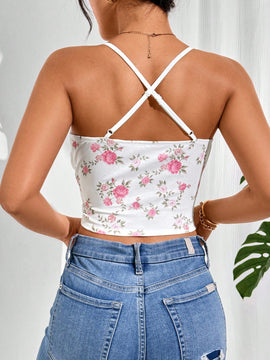 Top corto de verano para mujer, estampado de flores diminutas con fruncido y ajuste cenido con tirantes, lindo top de verano, Top blanco para mujer, camiseta sin mangas, top de cami para mujer para el verano