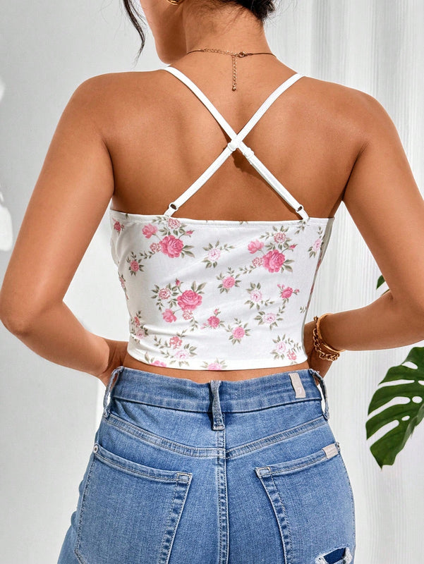 Top corto de verano para mujer, estampado de flores diminutas con fruncido y ajuste cenido con tirantes, lindo top de verano, Top blanco para mujer, camiseta sin mangas, top de cami para mujer para el verano