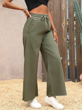 VCAY Pantalones de mezclilla casuales para mujeres de pierna ancha y cintura alta con cordon en la cintura y bolsillos