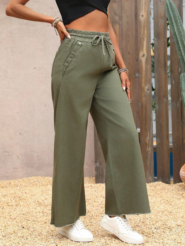 VCAY Pantalones de mezclilla casuales para mujeres de pierna ancha y cintura alta con cordon en la cintura y bolsillos