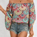 LUNE Camisa retro casual de verano con estampado y mangas largas irregulares estilo off-shoulder