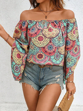 LUNE Camisa retro casual de verano con estampado y mangas largas irregulares estilo off-shoulder