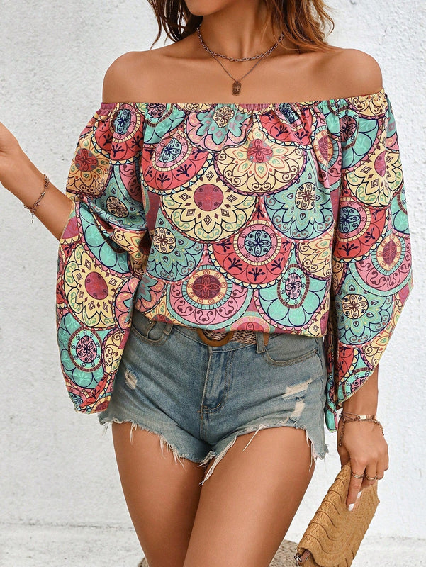 LUNE Camisa retro casual de verano con estampado y mangas largas irregulares estilo off-shoulder