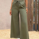 VCAY Pantalones de mezclilla casuales para mujeres de pierna ancha y cintura alta con cordon en la cintura y bolsillos