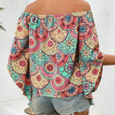 LUNE Camisa retro casual de verano con estampado y mangas largas irregulares estilo off-shoulder
