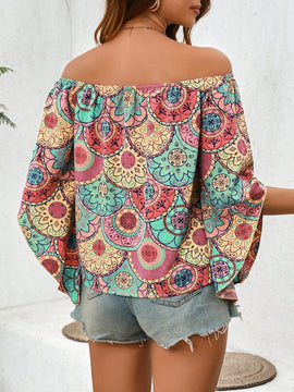 LUNE Camisa retro casual de verano con estampado y mangas largas irregulares estilo off-shoulder