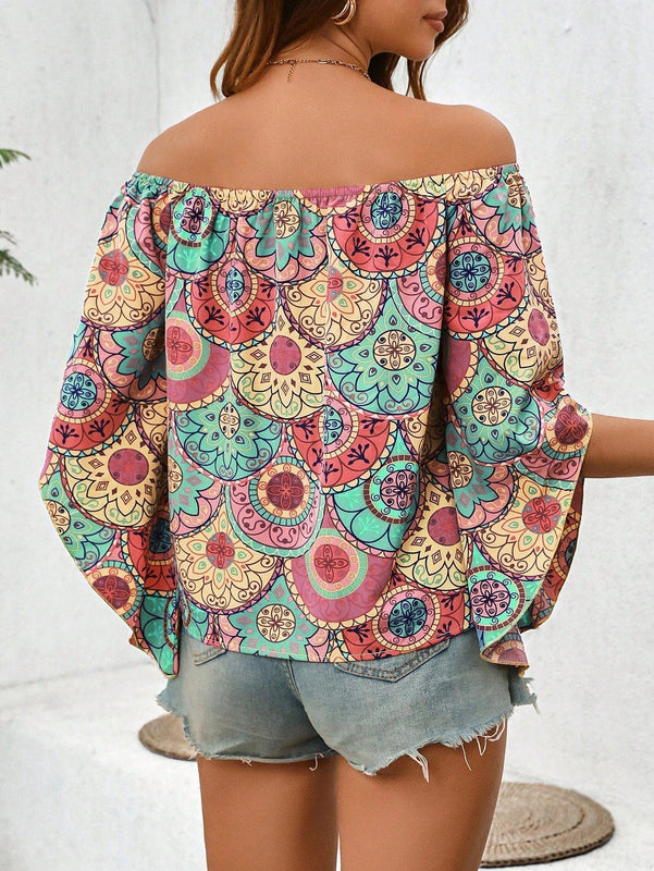 LUNE Camisa retro casual de verano con estampado y mangas largas irregulares estilo off-shoulder