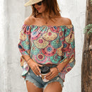 LUNE Camisa retro casual de verano con estampado y mangas largas irregulares estilo off-shoulder