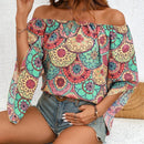 LUNE Camisa retro casual de verano con estampado y mangas largas irregulares estilo off-shoulder