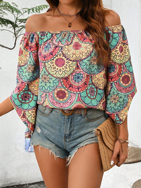 LUNE Camisa retro casual de verano con estampado y mangas largas irregulares estilo off-shoulder
