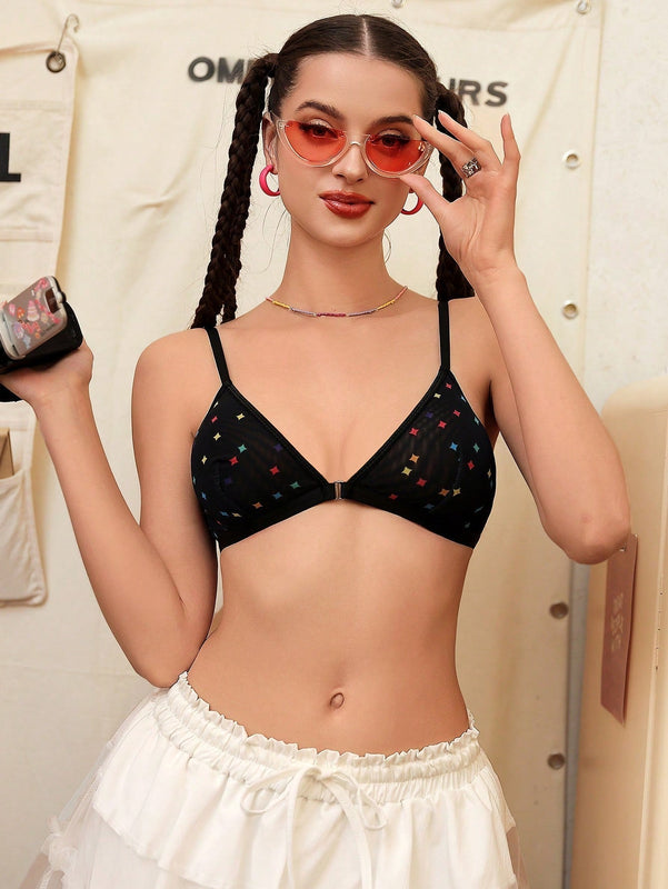 Sujetador para mujer con hebilla frontal de estilo simple y estrellas en malla