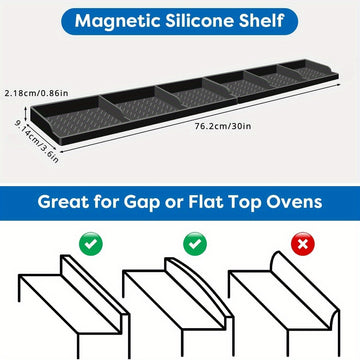 Estantería magnética de silicona para cocina de 30 pulgadas, organizador de almacenamiento abierto no de madera, duradero y apto para lavavajillas, especiero sin electricidad para huecos/hornos planos, con fuerte respaldo magnético - Negro