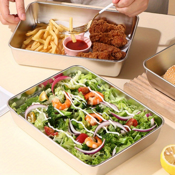 BAIJL Recipiente Rectangular de Acero Inoxidable para Alimentos con Tapa - Base Desmontable y Lavavajillas, Diseño Antifugas, Ideal para Preparación de Comidas, Pollo Asado y Verduras, Bandeja para Hornear y Plato Servidor