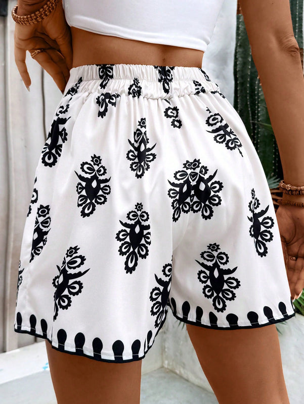 VCAY Shorts casuales de verano para vacaciones con estampado completo para mujer con cinturon