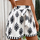 VCAY Shorts casuales de verano para vacaciones con estampado completo para mujer con cinturon